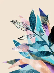 Wall art featuring pastel marble textures and botanical elements by Uma Gokhale.