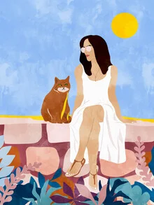 Illustration of a woman with a cat in soft pastel tones, cheerful and playful.
