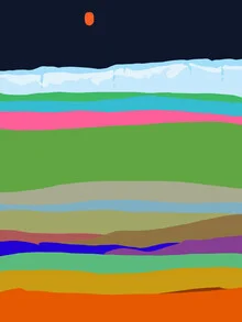Wall art featuring colorful, abstract landscape patterns in retro style