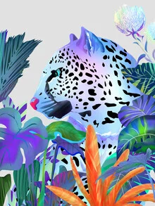 Colorful wall art of a holographic leopard in a tropical jungle.