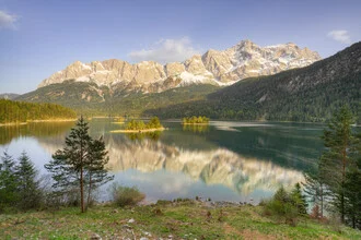 Photo art: View over Eibsee to the Wetterstein mountains in Bavaria, tranquil nature scene.