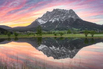 Photo art by Michael Valjak: serene landscape with the Zugspitze reflecting in a pond