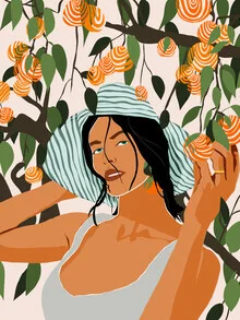 Illustration of a bohemian woman in an orange grove, warm summer atmosphere