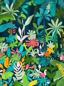 Wall art by Uma Gokhale: tropical jungle with colorful plants and rain