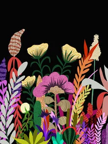 Illustration by Uma Gokhale: colorful floral depiction of a mysterious garden