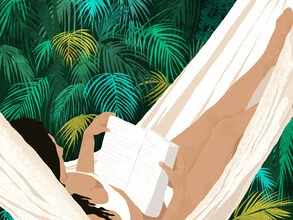Illustration of a woman reading in a hammock in the jungle, calm atmosphere.