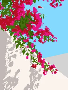 Wall art featuring vibrant pink bougainvillea against white buildings in Greece.