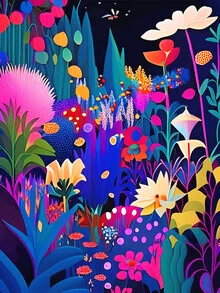 Colorful wall art by Uma Gokhale: abstract botanical garden landscape