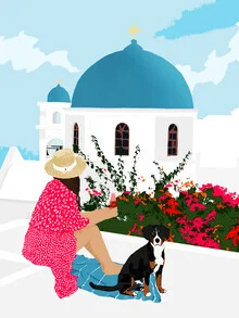 Illustration by Uma Gokhale: dog in front of white architecture in Santorini