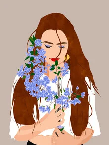 Wall art featuring a bohemian woman surrounded by plants in soft, modern colors.