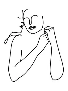 Abstract line art by Uma Gokhale depicts two connected figures in soft colors.