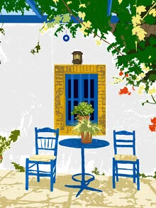 Wall art by Uma Gokhale: illustration of a Greek cafe in Santorini