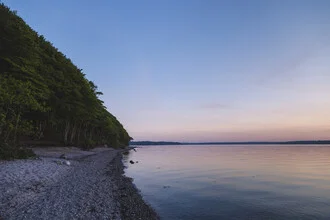 Sunset over a tranquil forest and the Baltic Sea, soft colors in the sky.