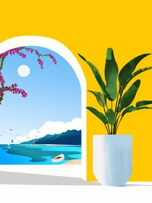 Illustration of a villa surrounded by bougainvillea under a gentle moonlight