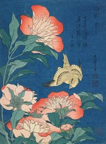 Wandbild von Art Classics: Kanarienvogel zwischen Pfingstrosen, sanfte Farben