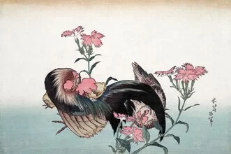 Illustration by Katsushika Hokusai: rooster and flower in soft colors.