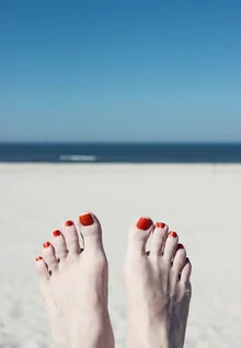 Photo art by Manuela Deigert: feet on the beach with a view of the sky and ocean
