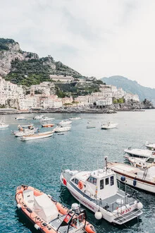 Photo art featuring a view of the Amalfi Coast: gentle waves and boats in blue water