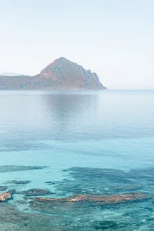 Beautiful photo art showcasing summer in Sicily, with a blue sky and calm waters.