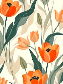 Illustration by Uma Gokhale: orange tulips in a garden