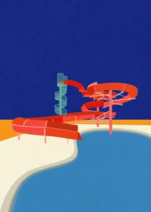 Illustration of a swimming pool with a slide, capturing cheerful summer days.