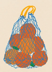 Illustration by Rosi Feist: oranges in a net bag, friendly and colorful.
