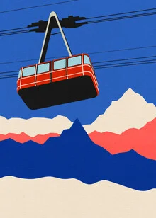 Wall art by Rosi Feist: Illustrations of snow-covered mountains and gondolas.