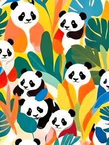 Illustration of pandas in a tropical setting, friendly and playful.