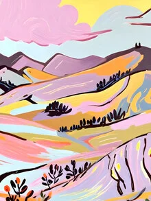 Wall art featuring a pastel landscape by Uma Gokhale, evoking a summer vibe.
