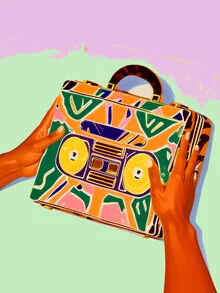 Illustration of a nostalgic suitcase filled with music cassettes and memories.