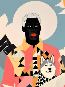 Wall art by Uma Gokhale: man with a husky in a winter mountain landscape