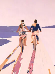 Illustration of a couple on bicycles in a romantic evening setting