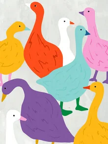 Wall art by Uma Gokhale: cheerful ducks surrounded by colorful shapes and patterns