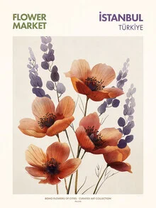 Wall art featuring colorful flowers and a bustling market in Istanbul