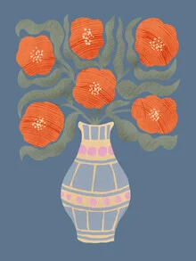 Wall art by Ania Więcław: Illustration of orange blossoms in a patterned vase.