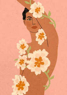 Wandbild von Lemon Fee: fröhliche Frau umgeben von blühenden Blumen im Frühling.