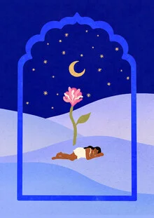 Illustration by Lemon Fee: blooming plants in deep indigo tones, calm oriental atmosphere.