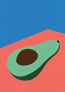 Illustration of an avocado on a table, bright and friendly, with a minimalist design.