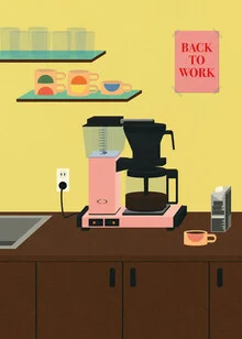 Wall art featuring paper cut-out: coffee cup and cake on a minimalist table