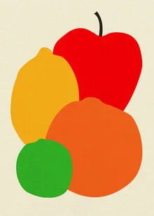Wall art featuring four different fruits in a colorful, minimalist design