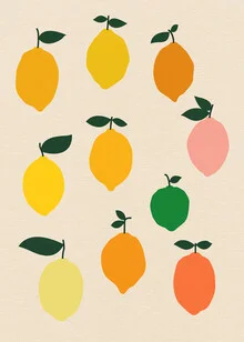 Wandbild mit Zitronen: fröhliche, minimalistische Illustration im Scherenschnitt-Stil