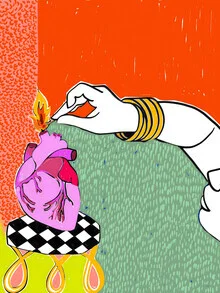 Wall art featuring a colorful abstraction of fire and love, playful and modern.