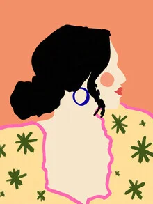 Illustration of a woman in a floral, bohemian dress with pastel colors.