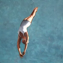 Illustration einer Frau, die in ein hellblaues Wasser springt, Sommerstimmung.