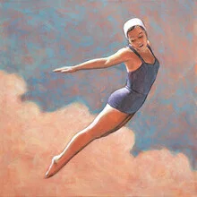 Wall art: A woman diving into soft clouds under bright sunlight.