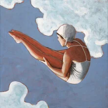 Wandbild von Sarah Morrissette: Hochspringerin in weißen Wolken mit nostalgischem Flair