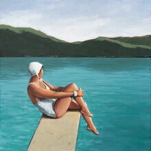 Illustration einer Frau am See, entspannt und ruhig im Wasser.
