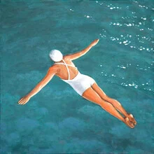 Illustration einer Frau, die über das Meer schwebt, in einem sommerlichen Ambiente.