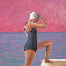 Illustration of a swimmer in magenta gracefully moving through water.
