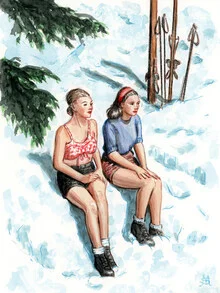 Illustration by Sarah Morrissette: Two women taking a break in the snow
